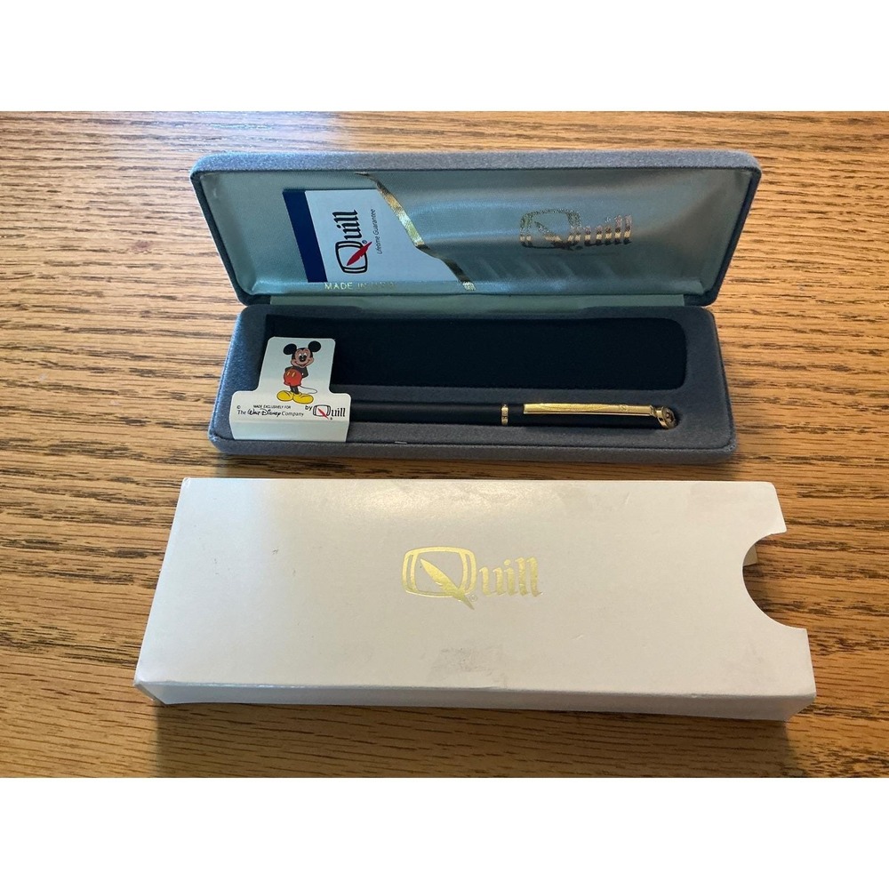 Vintage Disney Mickey Mouse Quill Ballpoint Pen Matte Black Gold Trim USA Boxed